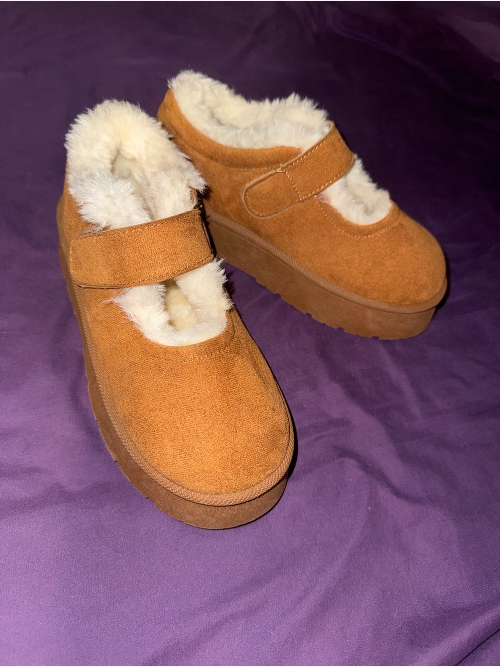 Faux-Shearling Mary Jane Platform Slippers - Tan